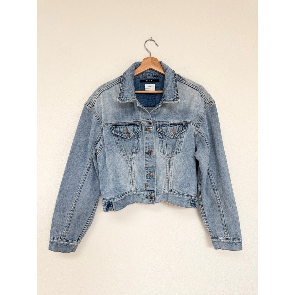 Ksubi Women Cropped Denim Jacket Light Wash Blue Distressed Raw Hem Size S